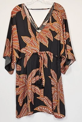 Túnica de Natación Maaji Encubrimiento Negro Marrón Floral Manga Kimono Grande Resort Playa Foto 1 de 4