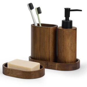 Set Accessori Bagno, 4 Pezzi, Bambù Carbonizzato, Portasapone, Dispenser Sapone... - Foto 1 di 7