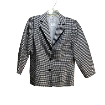 Blazer de seda Oscar De La Renta para mujer 12P Buffalo a cuadros negro dinero antiguo manga 3/4 Foto 1 de 4