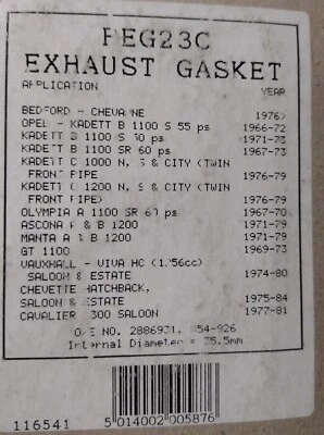 JUNTA DE ESCAPE DE COLECCIÓN DE LOTE ANTIGUO PARA OPEL/VAUXHALL KADETT OLYMPIA ASCONA VIVA MANTA - Imagen 1 de 2