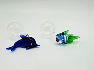 2 Hand Blown Art Glass Tropical Fish & Dolphin with Float Bubble Aquarium Decor - Picture 1 of 4