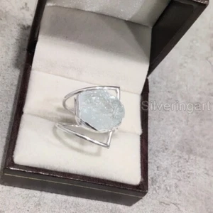 SOLID 925 STERLING SILVER ROUGH MARCH AQUAMARINE WOMENS DOUBLE BAND SIMPLE RING - Picture 1 of 5