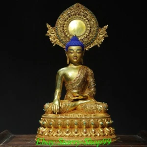 Old Nepal Copper Gilt Painting Gems Shakyamuni Sakyamuni Amitabha Buddha Statue - Picture 1 of 9