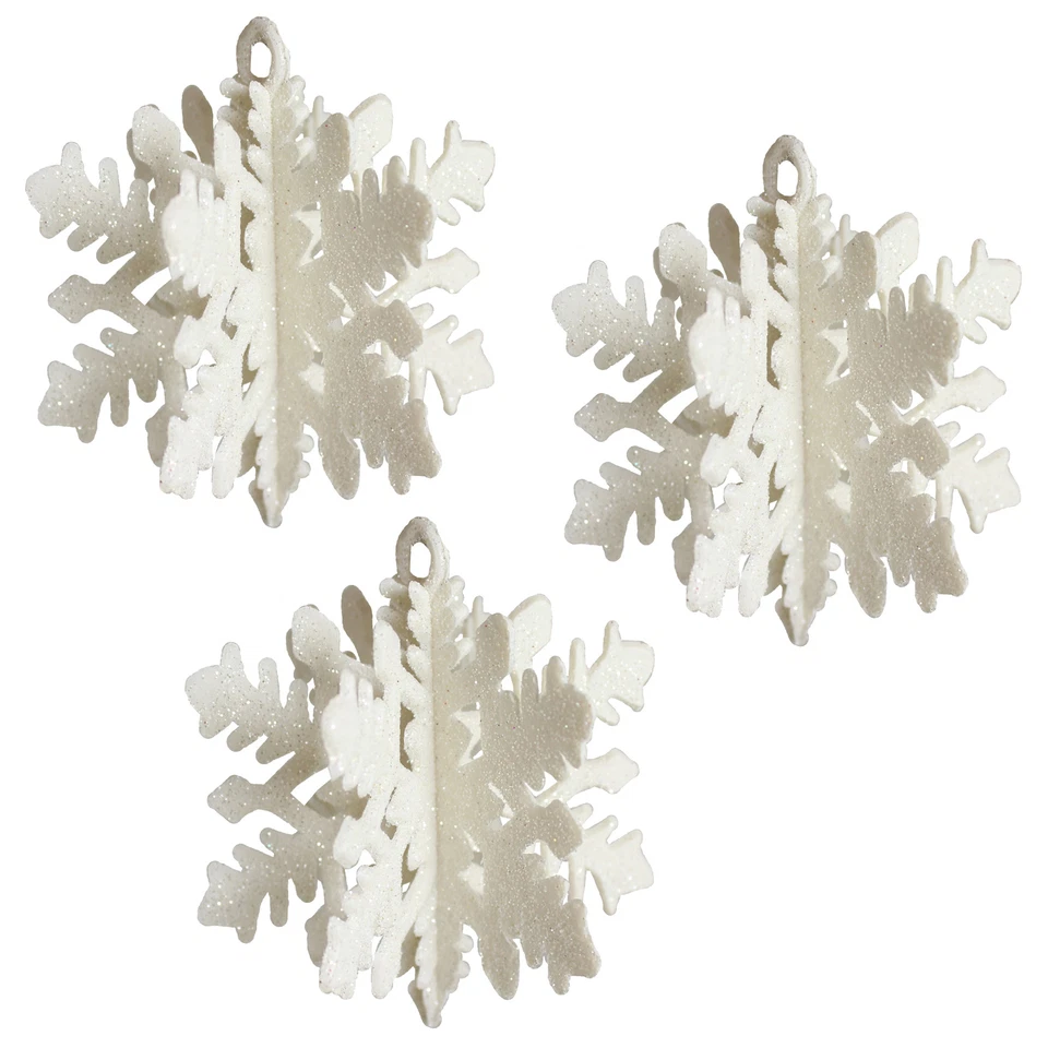 3 Pack White 3D Glitter Snowflakes 7cm Christmas Tree Hanging Decorations