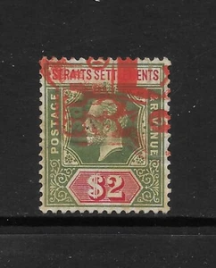 STRAITS SETTLEMENTS SCOTT 166 USED VF - 1915 $2 GREEN & RED/YELLOW ISSUE - Picture 1 of 2