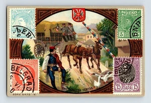 Estampillas victorianas de correo de tarjetas comerciales en Servia Serbia de la década de 1910 parte posterior en blanco - Imagen 1 de 2