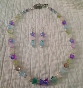 Artist Made Necklace Set In Rainbow Roses Glass Lampwork, 925ss hooks - Picture 1 of 7