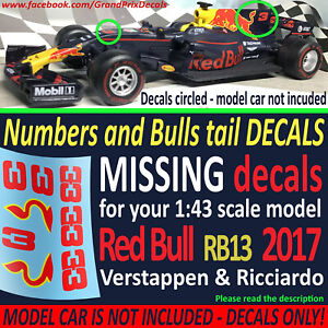 RED BULL Verstappen & Ricciardo DECALS for RB13 1/43 scale 2017 F1 Model TCC
