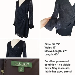 Lauren Ralph Lauren Cocktailkleid dunkelblau Spitze Pailletten Glockenärmel 18 Stretch Wickeloptik - Bild 1 von 12