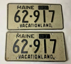 1967 Maine License Plate Pair w/ Tabs - Vacationland - White/Black - Fair Cond. - Picture 1 of 10