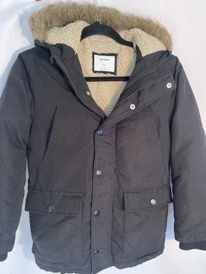 Old Navy Expedition Parka Boys 8 M Black Faux Fur Sherpa Lined Jacket Button Up - Image 1 of 4