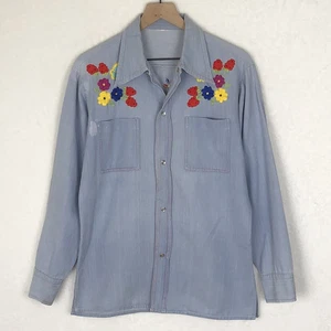 VTG 70’s Bordados Mary Vi Floral Embroidered Chambray Pearl Snap Shirt Sz 40 L - Picture 1 of 14