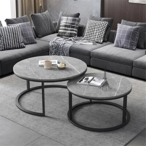 Set of 2 Real Marble Round Nesting Coffee Table Grey Side End Table Accent Table - Picture 1 of 12