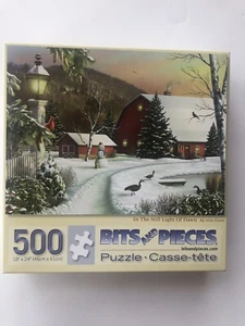 "In the Still Light of Dawn" COMP. 500 LG pc puzzle 18x24 Snow Pond Geese Barn - Picture 1 of 1