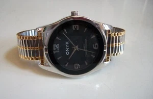 Men's Stretch Band Black, Silver & Gold Finish Fashion Casual Watch - Picture 1 of 4