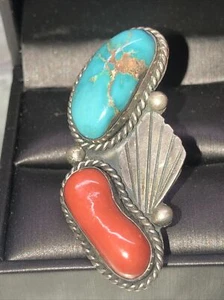 Vintage Navajo Blue Turquoise Red Coral Sterling Silver Ring Statement Size 5 - Picture 1 of 9
