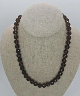 Faceted Smoky Quartz Gemstone Beaded Necklace Lobster Sterling Clasp  - Image 1 of 4