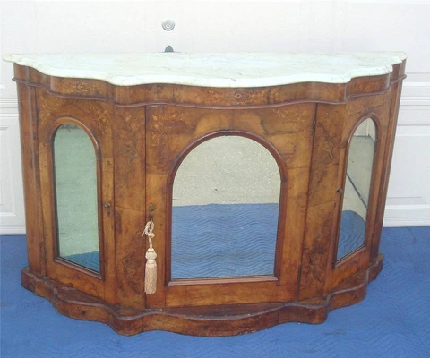 WALNUT INLAY DESIGN SERPENTINE MARBLE TOP SIDEBOARD / CREDENZA / SERVER Cover