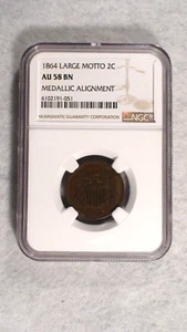 1864 LARGE MOTTO 2 CENT PIECE NGC AU58 BN MEDALLIC ALIGNMENT 2C COIN BUY IT! - Picture 1 of 4