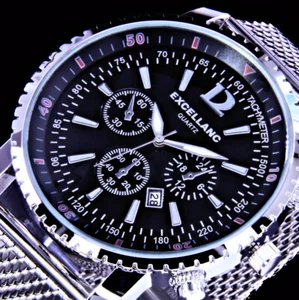 Excellanc Men's Mesh Bracelet Men's Quartz Watch Black Red Date Stainless Steel BLK5 - Picture 1 of 4