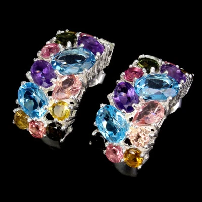 Orecchini In Argento 925 Con Topazio Ovali, Ametista E Tourmalina Gioielli - Immagine 1 di 4