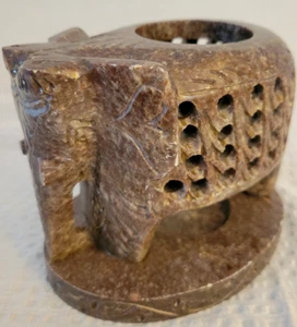Geschnitzte Speckstein Elefant Teelicht Figur 4" groß schwer aufwendige Details - Bild 1 von 5
