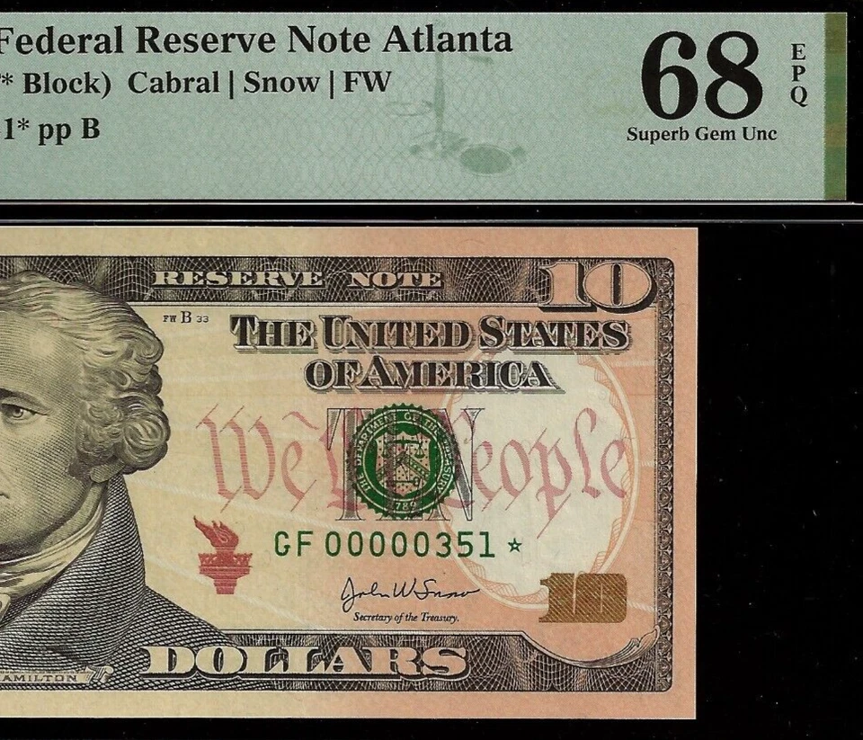 2004A $10 Federal Reserve Note Atlanta PMG 68EPQ 2nd finst low serial Fr 2039-F* - Image 1 of 3