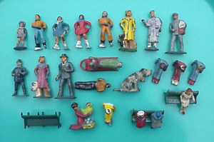 26 Antique Lead figures Dog, Skaters, Mailman, Cop, Benches etc