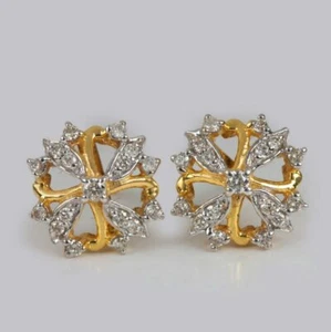 Natural Diamond Stud Earrings 14K Yellow Gold Luxury Bridal Wedding Jewelry Gift - Picture 1 of 12