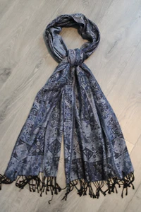 Classic Pashmina Style Festival Wrap Scarf Navy Blue Black Paisley Fringe 20x74" - Picture 1 of 11