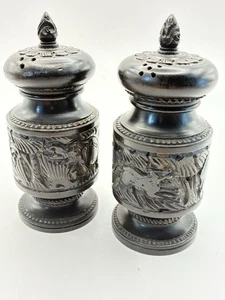 African Hard Carved Hard Wood Salt &Pepper With Elephant and Lion Relief Carved - Picture 1 of 14