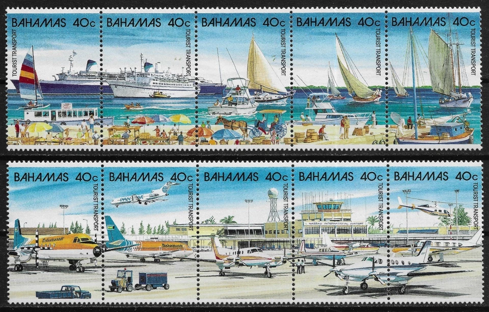 БАГАМСКИЕ ОСТРОВА 1987 ТУРИСТИЧЕСКИЕ ТРАНСПОРТНЫЕ КОРАБЛИ И САМОЛЕТЫ ПОЛОСКИ SG#804a и 809a как новые без наклеек и следов - Изображение 1 из 1