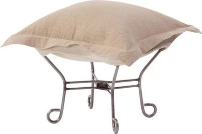 Traditional Natural Linen Puff Ottoman-Easy-Clean Cushion - Image 1 of 3