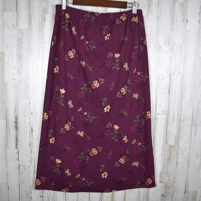 Vintage burgundy floral long skirt w/ slit & elastic waist women's medium fall - Image 1 of 4