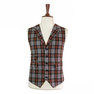 Mens 46R Gray Red Orange Plaid Wool Vest Waistcoat Wedding Party Formal Casual - Picture 1 of 8