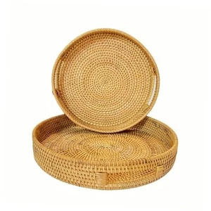 2PCS Round Rattan Serving Tray with Handles - Woven Wicker Basket for Coffee - Picture 1 of 7