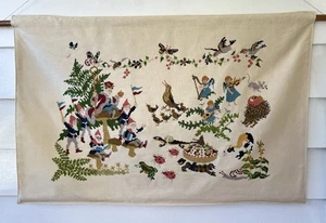 Large Vintage Needlepoint Wall Tapestry Fairytale Gnomes Woodland 35.5x23.5 - Picture 1 of 8