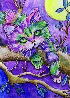 ACEO Original Gemälde OOAK - Basking Under The Moon - Katze - Bartshe - Bild 1 von 2
