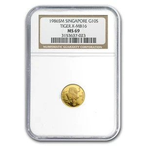 1986 Singapore 1/10 oz Gold 10 Singold Tiger MS-69 NGC - Picture 1 of 3