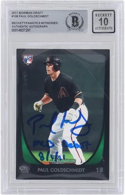 Paul Goldschmidt Diamondbacks Signed 2011 Bowman #108 BAS 10 Rookie Card w/Insc - Image 1 of 3