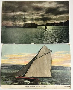 2 Postcards 1907 1908 Moonlight / Yachting on Puget Sound Sailboat Clipper Ship - Picture 1 of 5