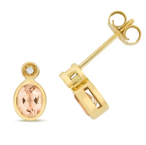 Diamond Stud Earrings 9ct Gold Ladies with Morganite - 9mm*5mm - Picture 1 of 1