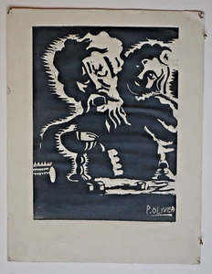 P. OLIVEA - EXPRESSIONIST WOODCUT - sheet 11 7/8 x 9 inches - 1950s-1970s - Picture 1 of 2