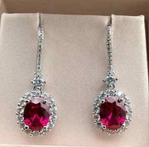 Lab Created Red Ruby Women's Drop/Dangle Earring 14K White Gold Plated 2Ct Oval - Picture 1 of 5
