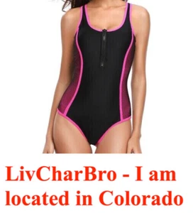 Costume da bagno sportivo monopezzo con zip davanti per donna - Nero con bordo rosa - Foto 1 di 5