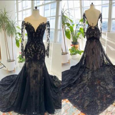 Gothic Black Wedding Dresses Deep V Neck Long Sleeves Lace Appliques Bridal Gown - Image 1 of 4