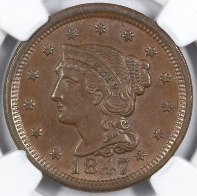 1847 1c N-5 Braided Hair Large Cent NGC MS 61  - Image 1 of 4