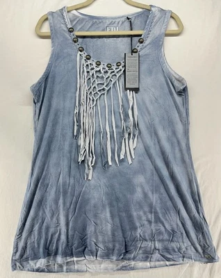 Camiseta sin mangas FDJ French Dressing azul lavado flecos occidental para mujer talla L NUEVA Foto 1 de 4