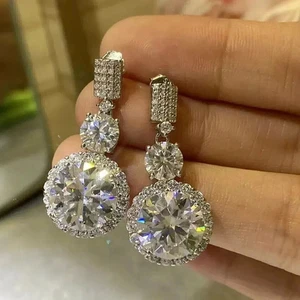 3Ct Round Lab Created Diamond Halo Drop & Dangle Earrings 14K White Gold Plated - Picture 1 of 4