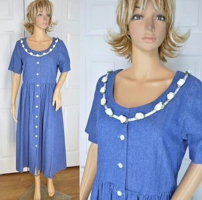 Vestido Camisa De Colección Azul Denim Cinta Roseta Cintura Alta Boho Cottage Core Folk Jean Foto 1 de 4